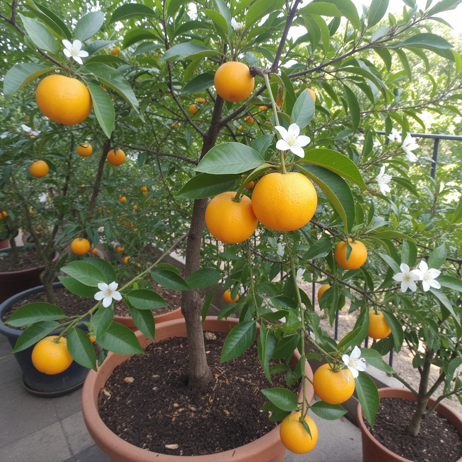 Potted citrus tree with ripe oranges and white blossoms.