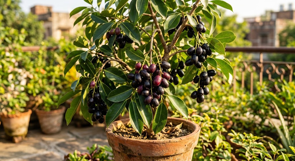 A small jamun tree with purple fruit in a pot.
