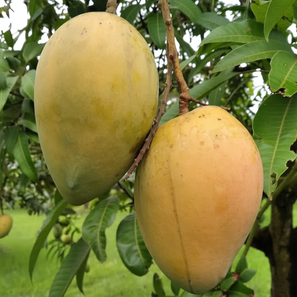 Two large ripe mangos hanging from a tree branch.
